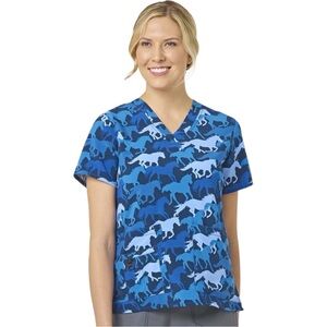 Carhartt Blue Wild Gallop Horse Print V-Neck Uniform Scrub Top Size L